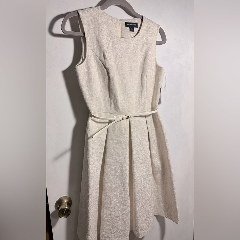 NWT Liz Claiborne Ivory Gold pleated dress with belt. - Picture 1 of 8
